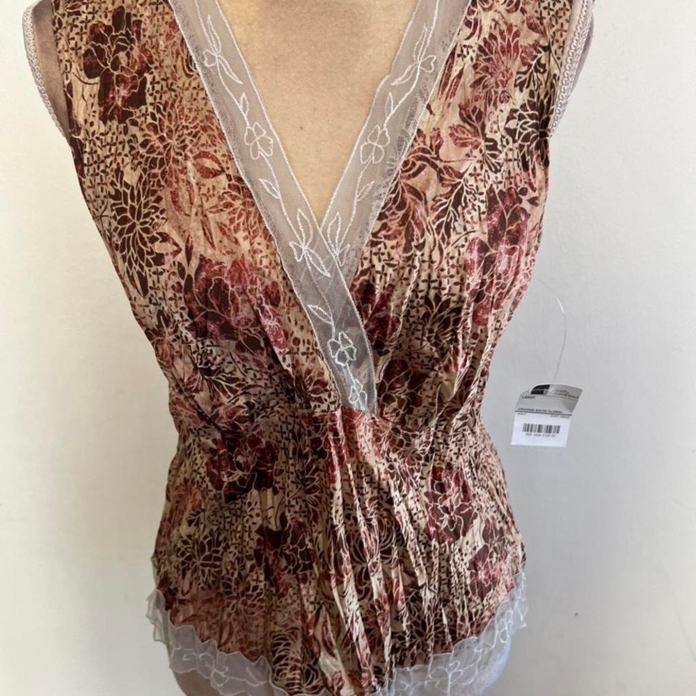 Worthington Orange Batik Floral Crinkle Mesh Lace Trim V-Neck Top Large NWT